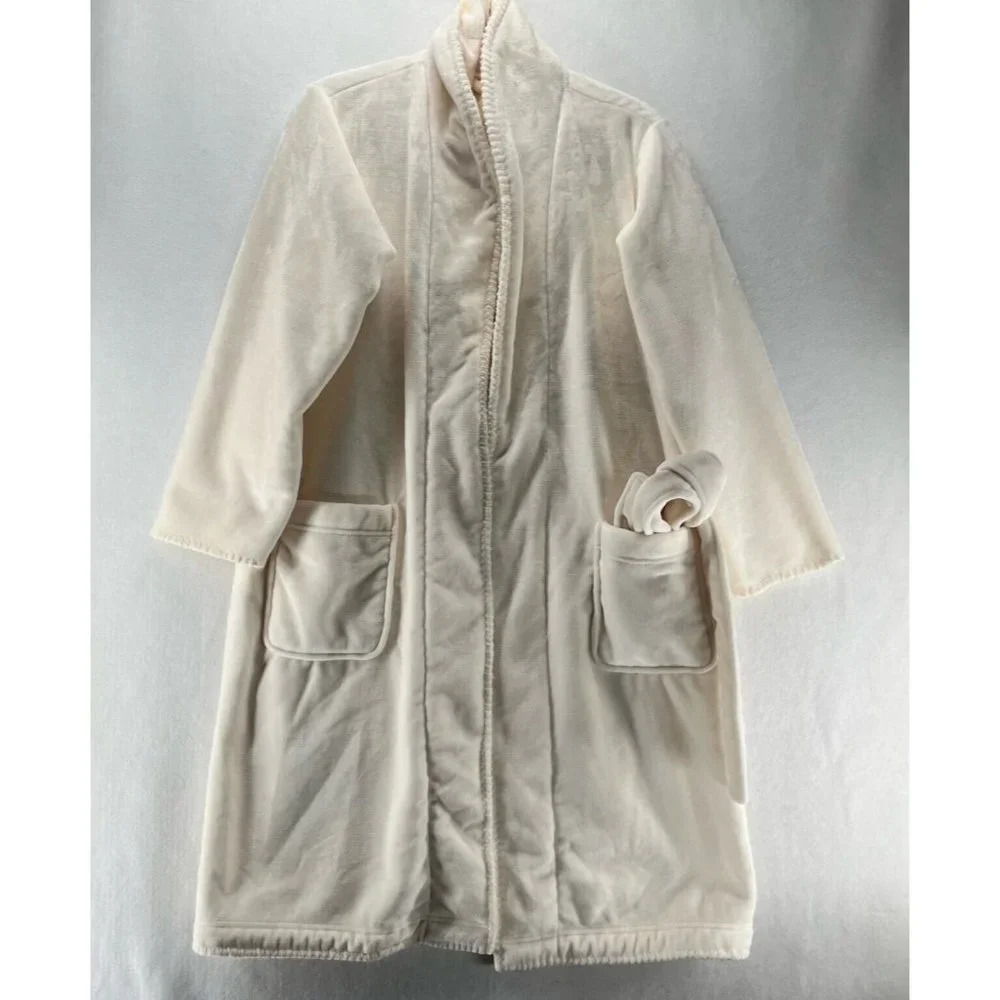 Pottery Barn Robe Womens Size Small Plush Fleece Lined Shawl Wrap Belted Ivory - Picture 1 of 12
